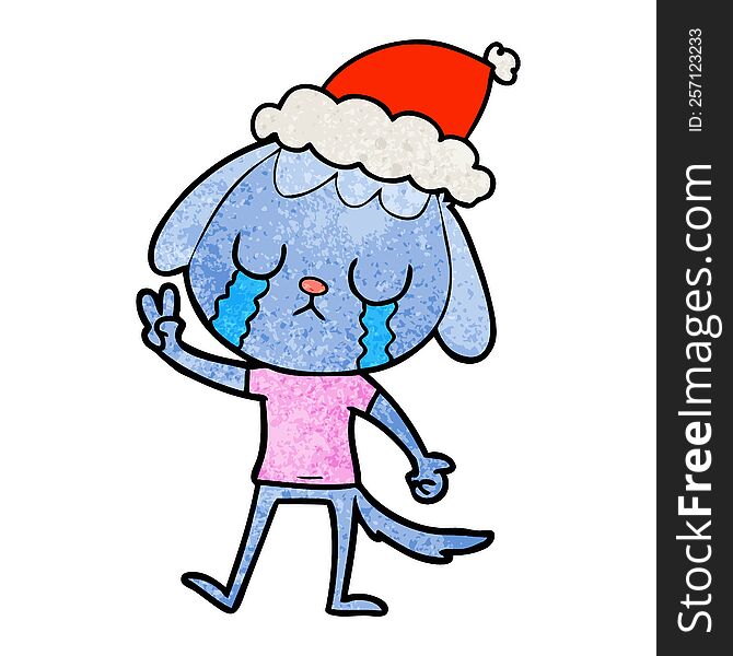cute hand drawn textured cartoon of a dog crying wearing santa hat. cute hand drawn textured cartoon of a dog crying wearing santa hat