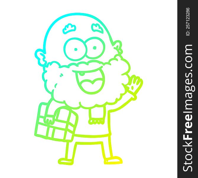 cold gradient line drawing of a cartoon crazy happy man with beard and gift under arm