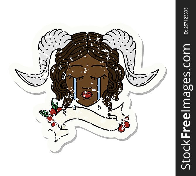 crying tiefling character face with scroll banner illustration