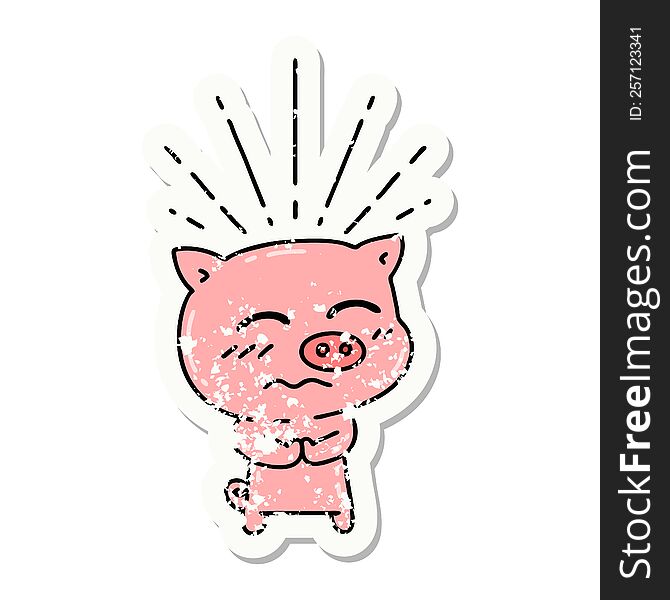 Grunge Sticker Of Tattoo Style Nervous Pig Character