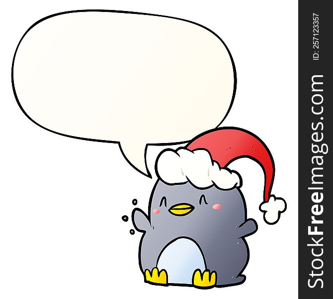 Cartoon Penguin Wearing Christmas Hat And Speech Bubble In Smooth Gradient Style