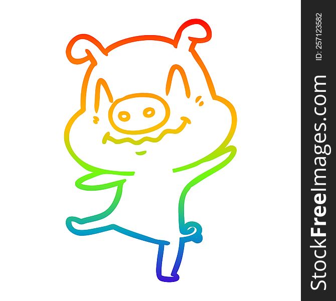 rainbow gradient line drawing of a cartoon drunk pig