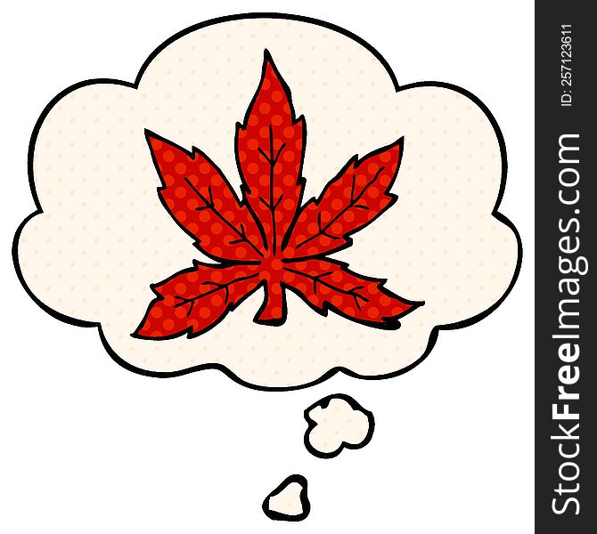 cartoon marijuana leaf with thought bubble in comic book style