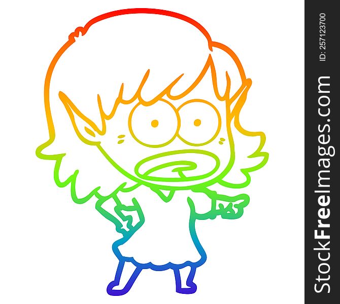 Rainbow Gradient Line Drawing Cartoon Shocked Elf Girl Pointing