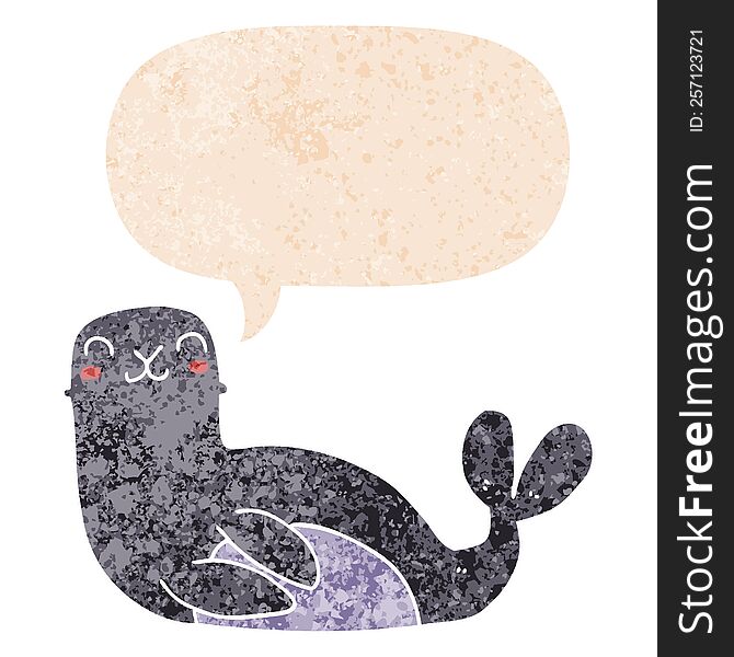 Cartoon Seal And Speech Bubble In Retro Textured Style
