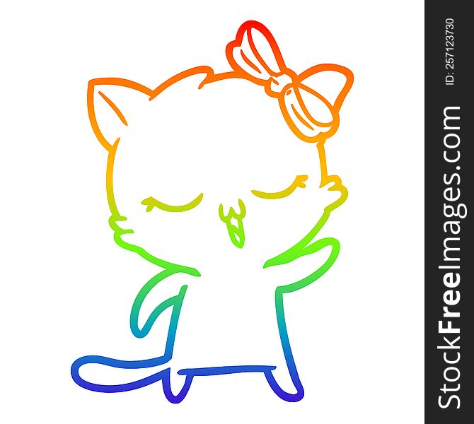 rainbow gradient line drawing of a cartoon cat with bow on head