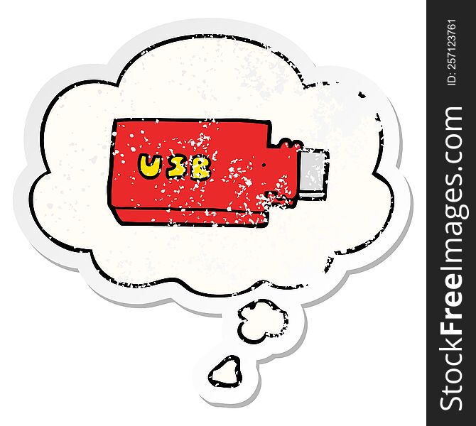 cartoon flash drive and thought bubble as a distressed worn sticker