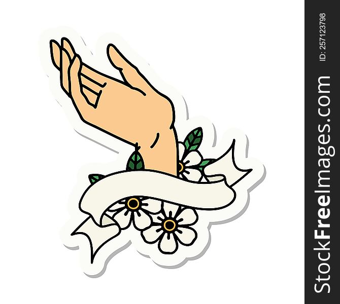 tattoo style sticker with banner of a hand