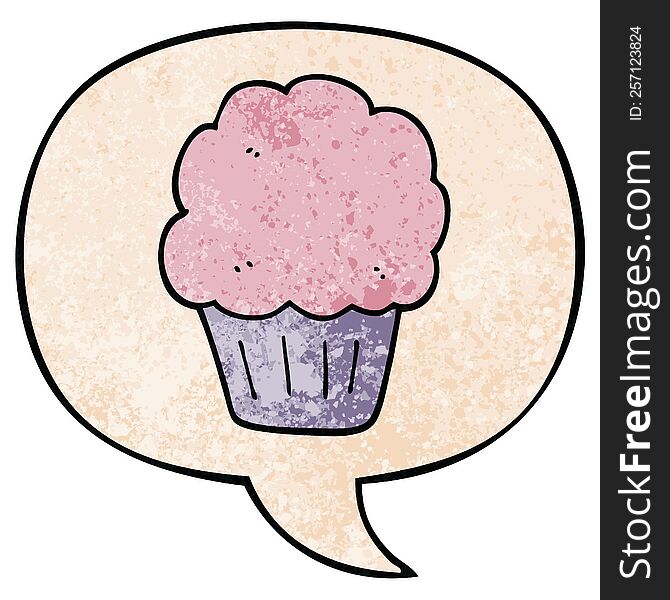 Cartoon Cupcake And Speech Bubble In Retro Texture Style