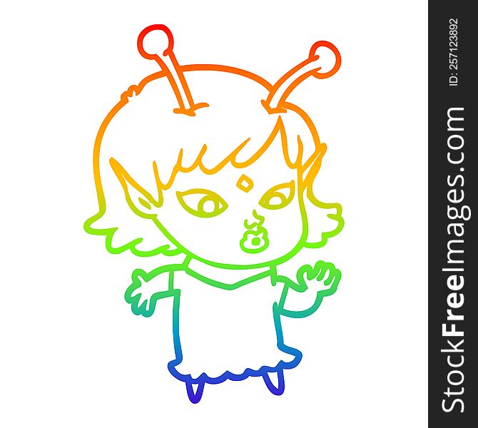 rainbow gradient line drawing of a pretty cartoon alien girl