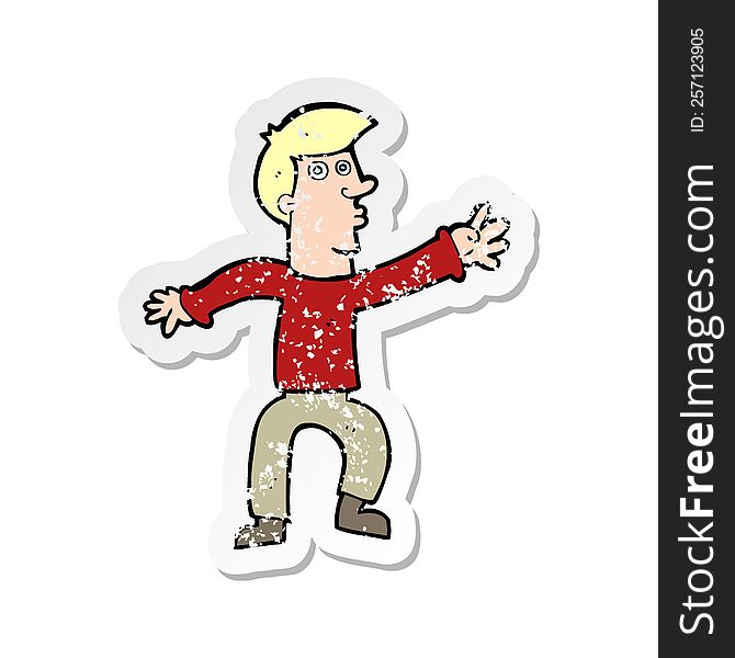Retro Distressed Sticker Of A Cartoon Reaching Man