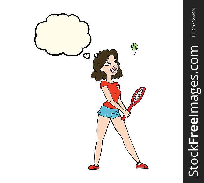 Cartoon Woman Playing Tennis With Thought Bubble