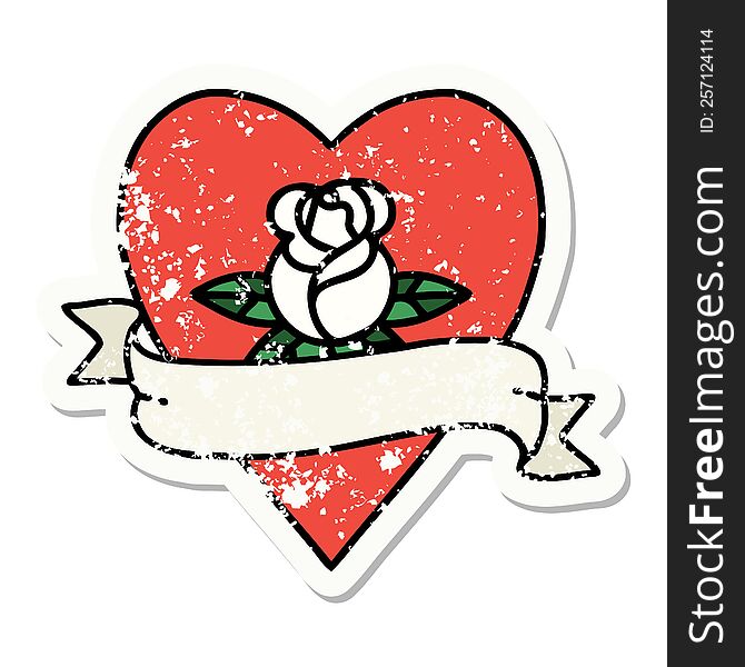 Traditional Distressed Sticker Tattoo Of A Heart Rose And Banner