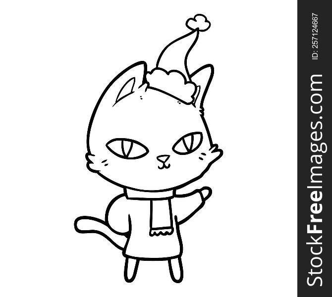 hand drawn line drawing of a cat staring wearing santa hat