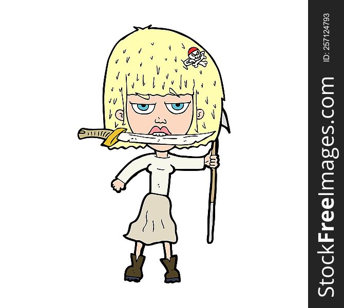 cartoon woman with knife and harpoon