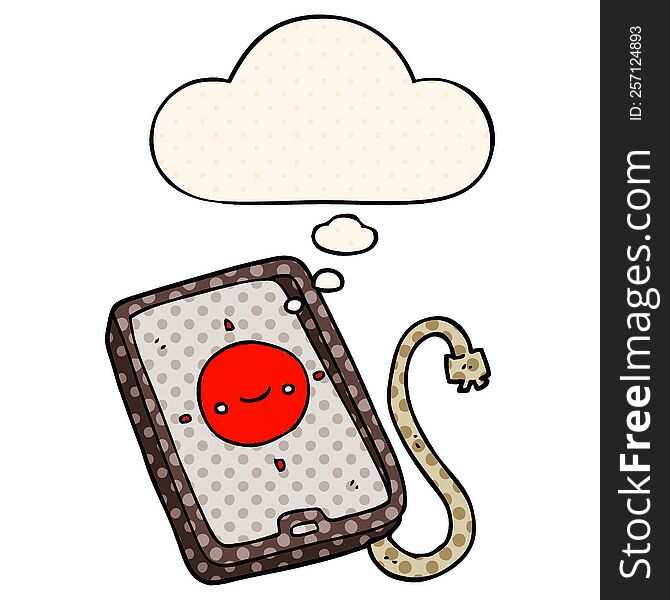 cartoon mobile phone device with thought bubble in comic book style