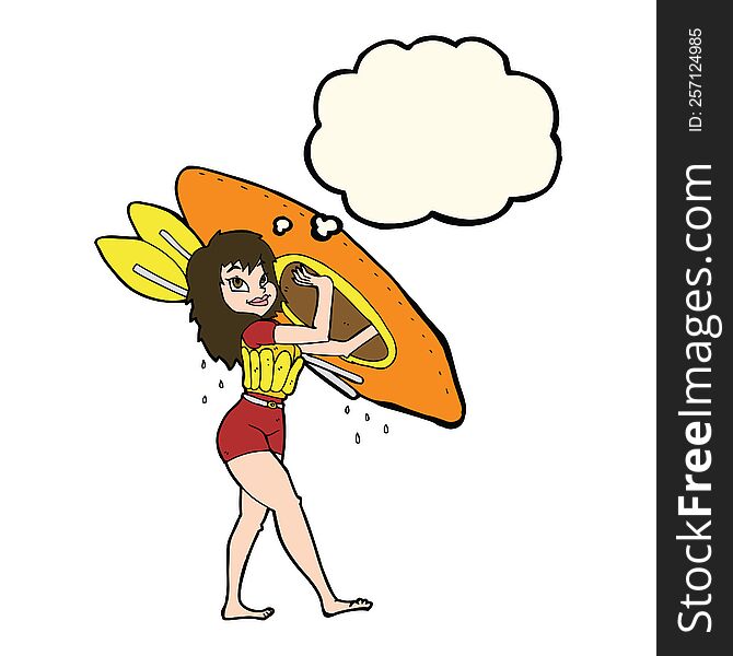 Cartoon Woman Carrying Canoe With Thought Bubble