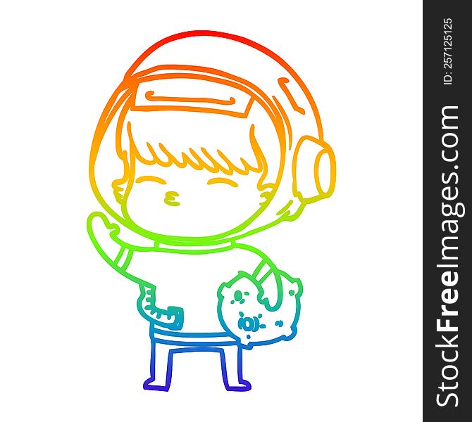 rainbow gradient line drawing cartoon curious astronaut carrying space rock