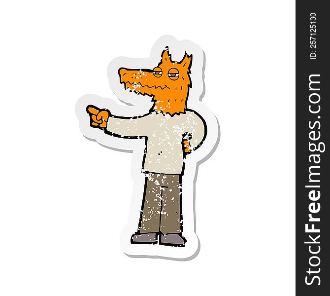 Retro Distressed Sticker Of A Cartoon Pointing Fox Man