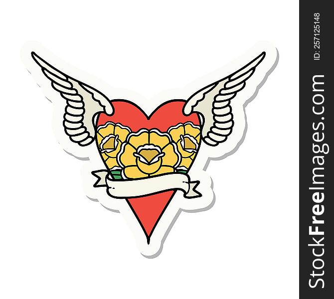 Tattoo Style Sticker Of A Heart With Wings And Banner