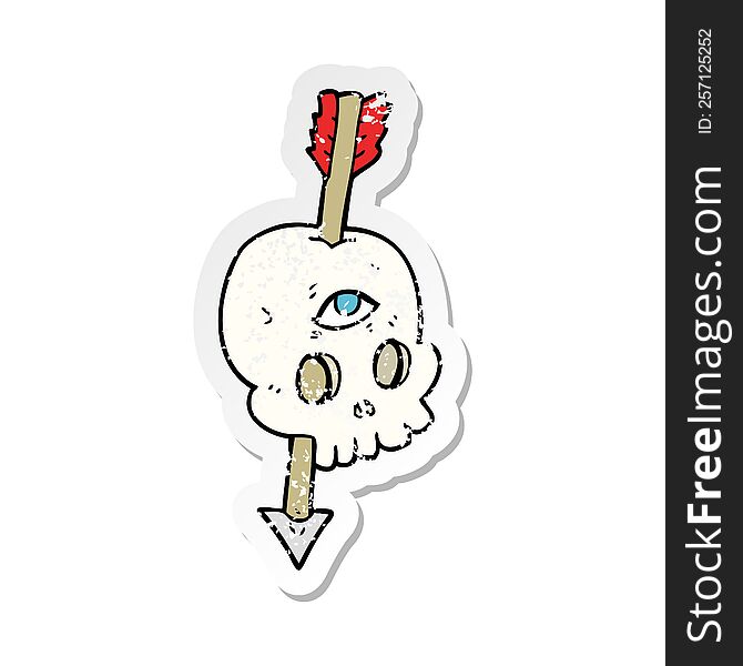 retro distressed sticker of a cartoon magic skull with arrow through brain