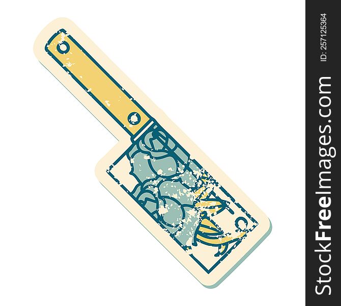 Distressed Sticker Tattoo Style Icon Of A Cleaver And Flowers