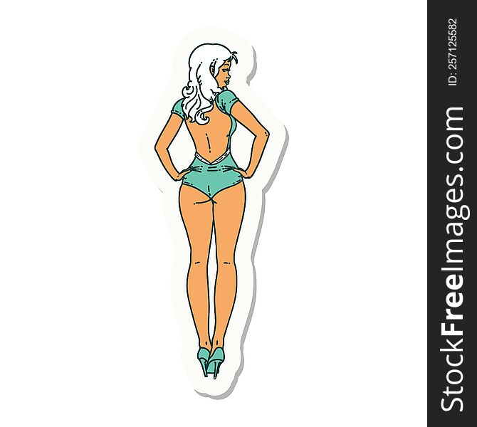 sticker of tattoo in traditional style of a pinup swimsuit girl. sticker of tattoo in traditional style of a pinup swimsuit girl