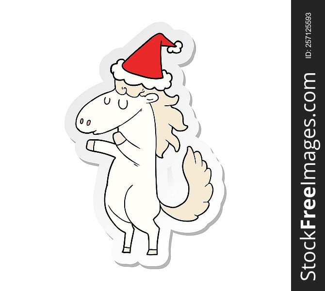 hand drawn sticker cartoon of a horse wearing santa hat