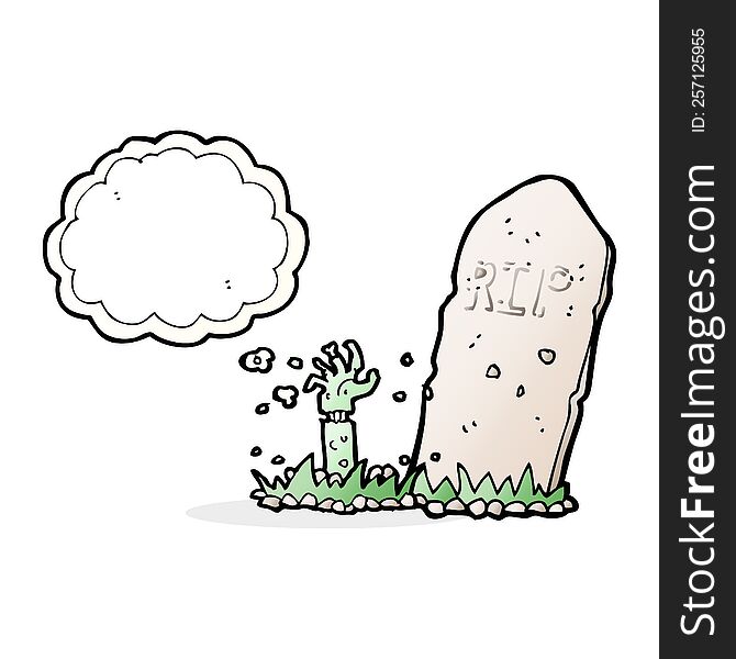 Cartoon Zombie Rising From Grave With Thought Bubble