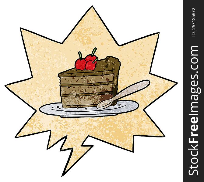 cartoon expensive slice of chocolate cake with speech bubble in retro texture style