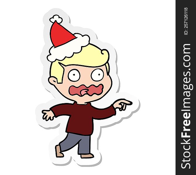 hand drawn sticker cartoon of a stressed out pointing wearing santa hat