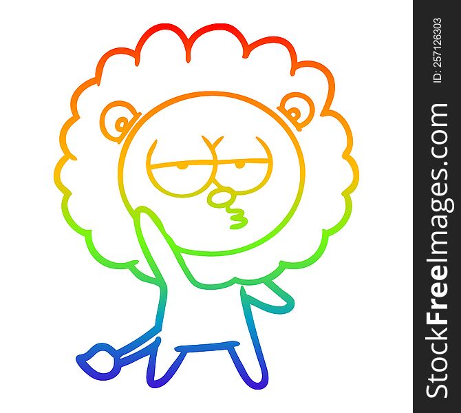 rainbow gradient line drawing of a cartoon bored lion waving