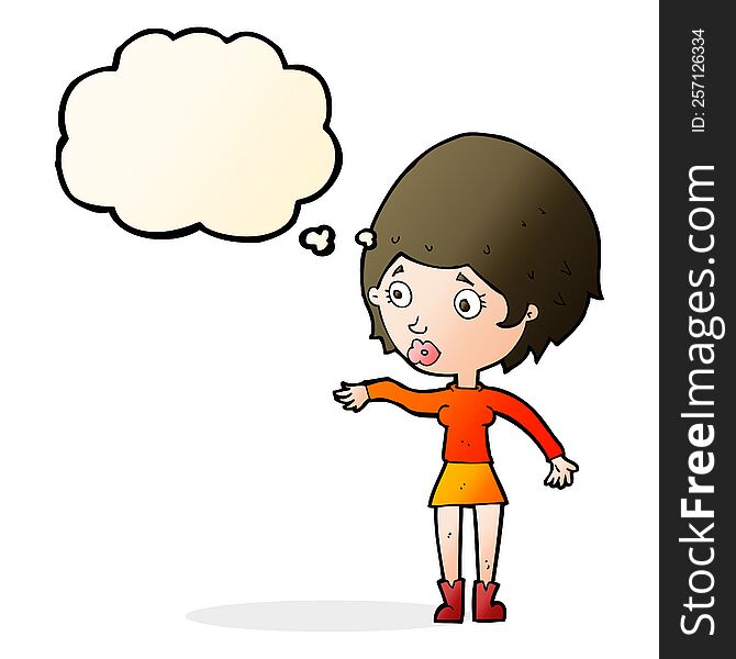 cartoon concerned woman reaching out with thought bubble