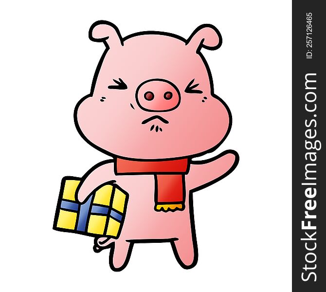 cartoon angry pig with christmas present. cartoon angry pig with christmas present