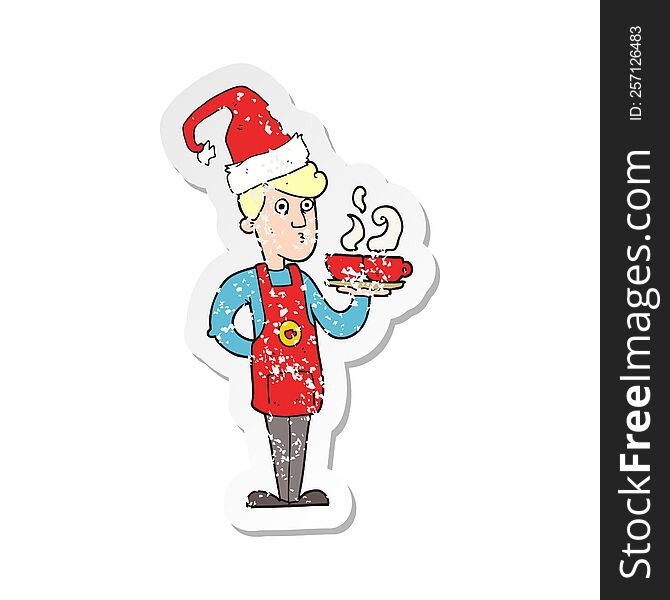 Retro Distressed Sticker Of A Cartoon Barista Serving Coffee At Christmas