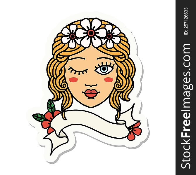 Tattoo Sticker With Banner Of A Maidens Face Winking