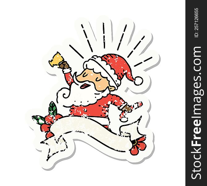 worn old sticker of a tattoo style santa claus christmas character celebrating