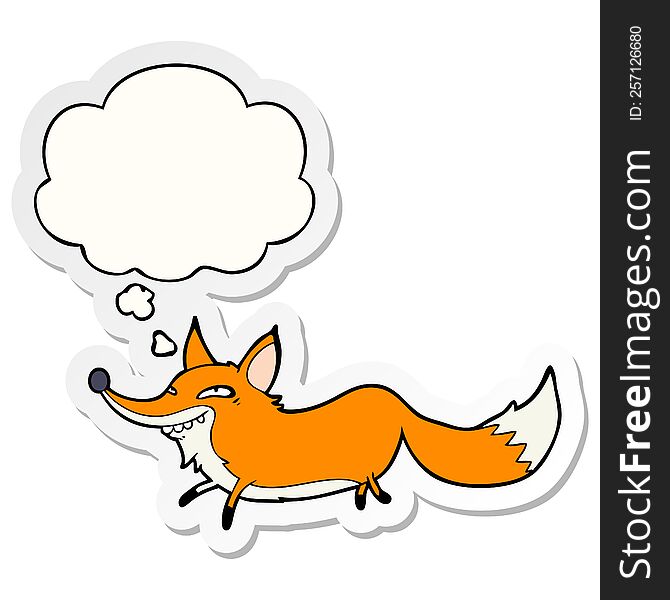cartoon sly fox with thought bubble as a printed sticker