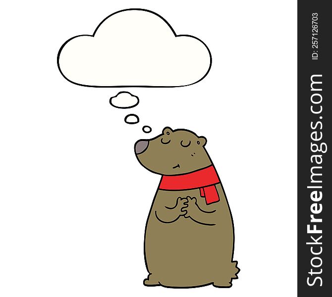 cartoon bear wearing scarf with thought bubble