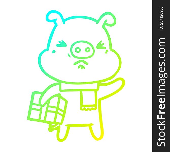 Cold Gradient Line Drawing Cartoon Angry Pig With Christmas Present