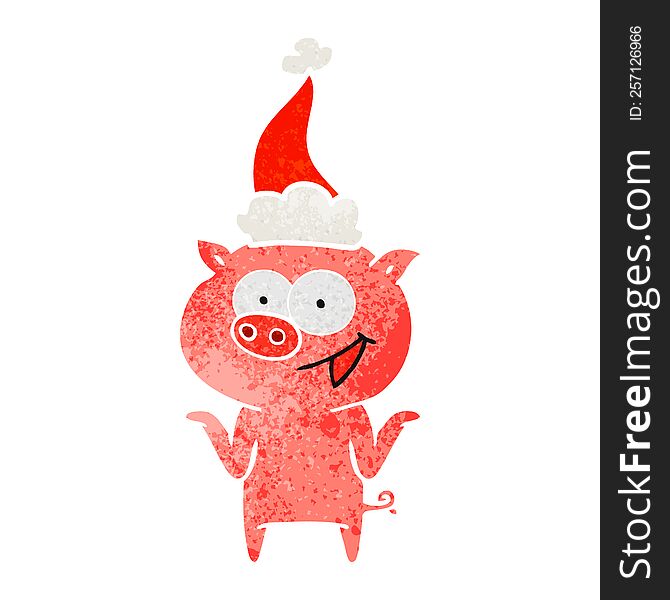 Retro Cartoon Of A Pig With No Worries Wearing Santa Hat