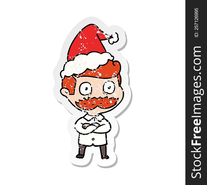 Distressed Sticker Cartoon Of A Man With Mustache Shocked Wearing Santa Hat