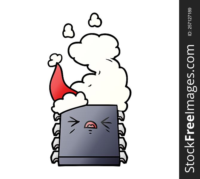 gradient cartoon of a overheating computer chip wearing santa hat