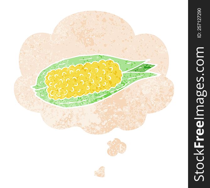 Cartoon Corn And Thought Bubble In Retro Textured Style