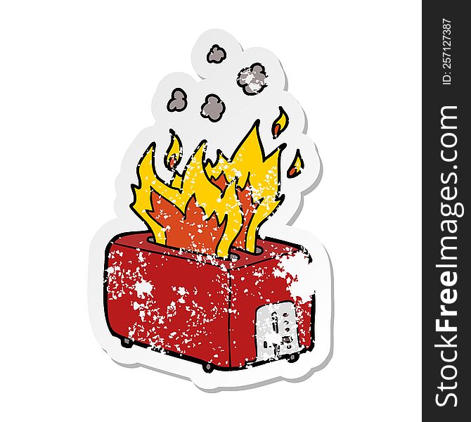 Distressed Sticker Of A Cartoon Burning Toaster