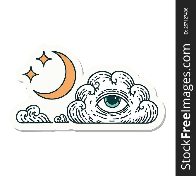 tattoo style sticker of a moon stars and cloud