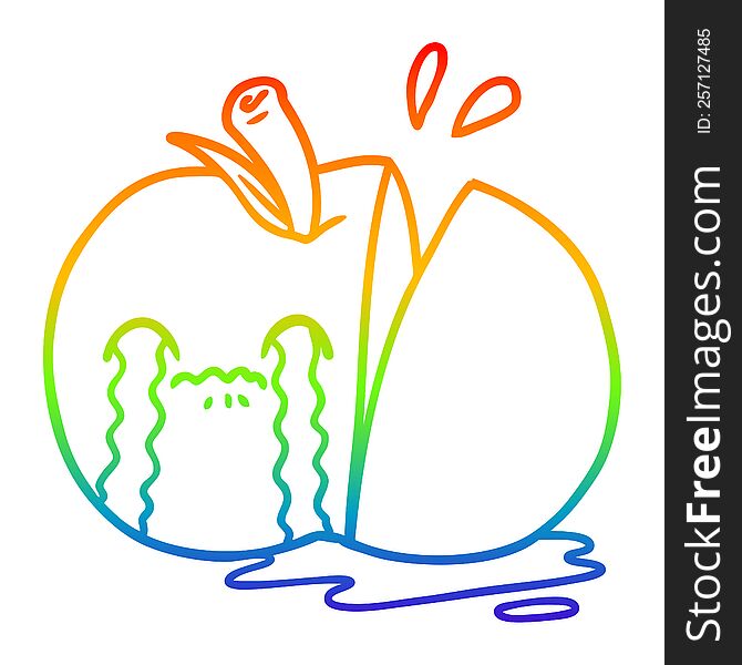 rainbow gradient line drawing of a cartoon sad sliced apple