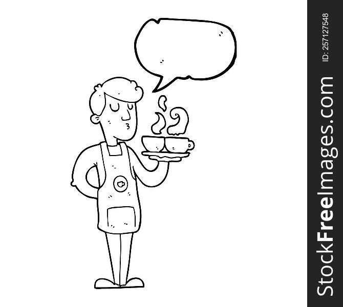 freehand drawn speech bubble cartoon barista serving coffee