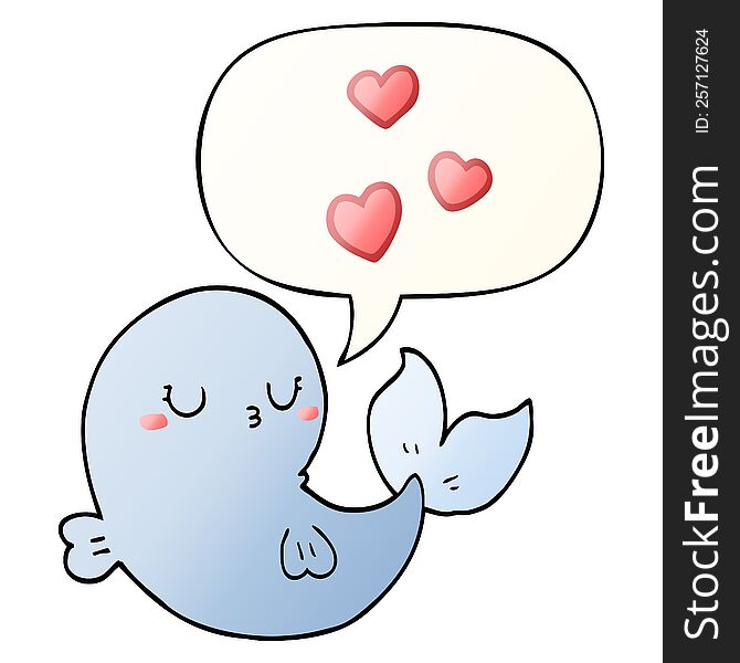 cute cartoon whale in love with speech bubble in smooth gradient style