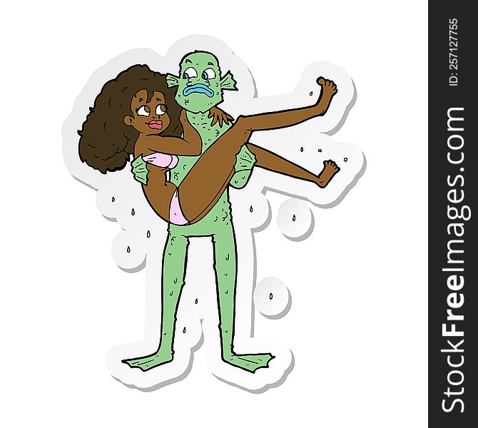 sticker of a cartoon swamp monster carrying woman in bikini